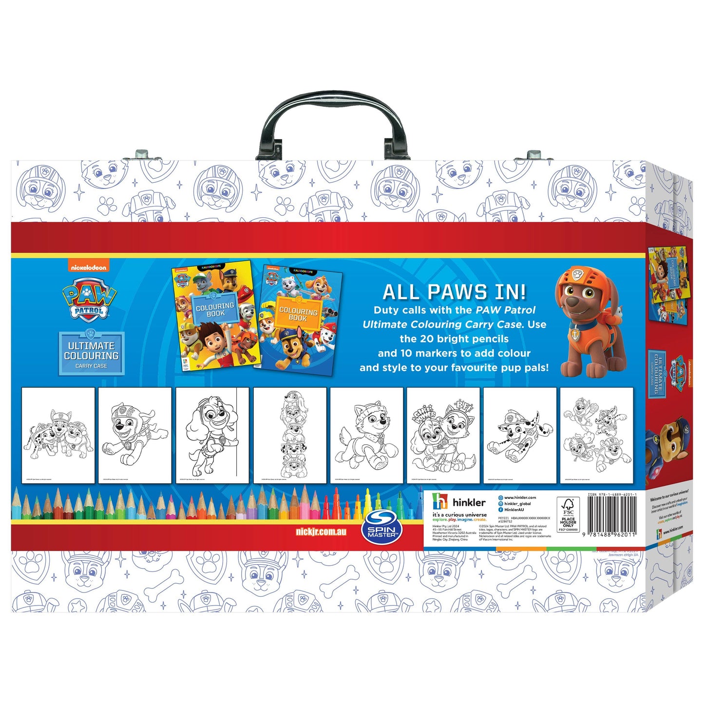 Paw Patrol colouring carry case packaging with illustrations and text on a white background