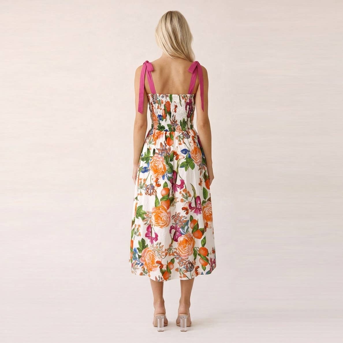 TANGERINE BLOOM Smocked Midi Dress