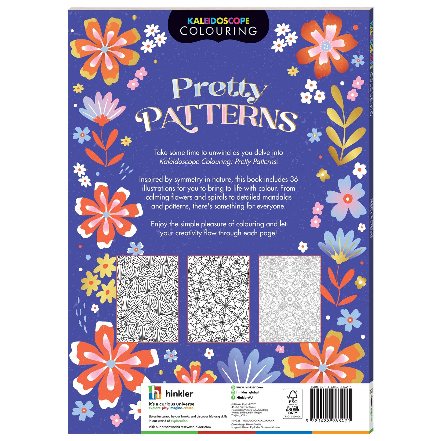 Kaleidoscope Colouring Pretty Patterns book with floral designs and text on a blue background