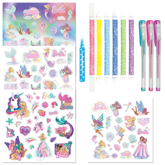 Barbie-themed stickers and stationery items including pens and rulers on a white background.