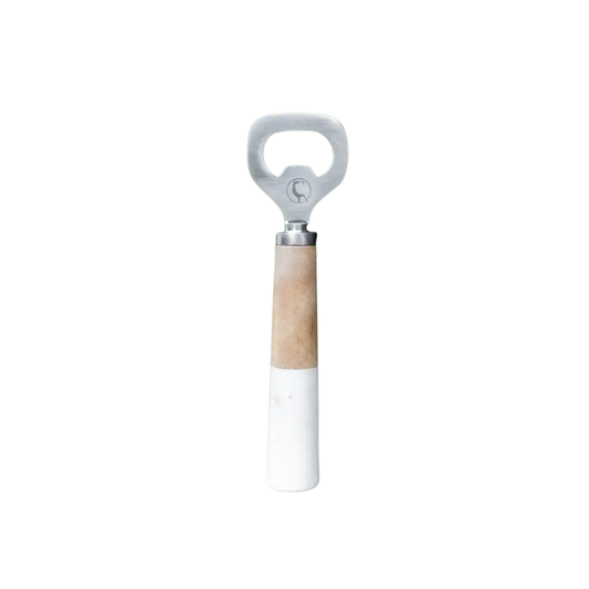 Bottle opener with wooden and white handle on a white background