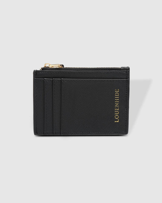 Black wallet with gold zipper and 'LOUENHIDE' branding on a light gray background