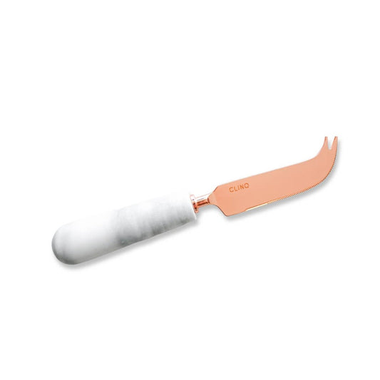 Cheese knife with marble handle and rose gold blade on a white background