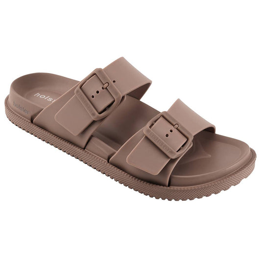 Brown sandal with buckle straps on a white background