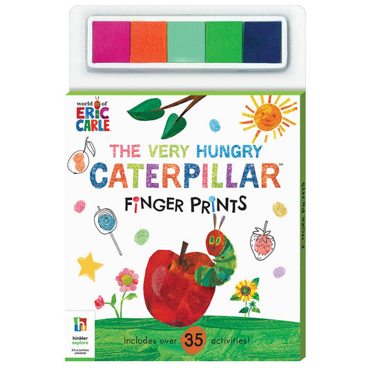 Book titled 'The Very Hungry Caterpillar Finger Prints' with colorful cover and Eric Carle branding.