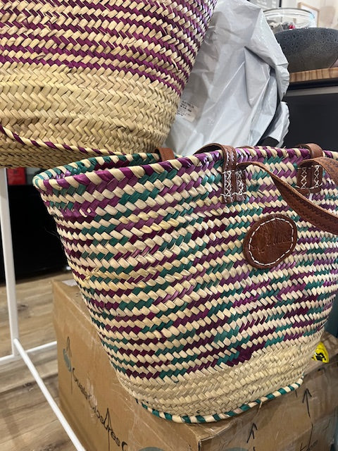 Classic Market Basket With Green And Purple Weaving