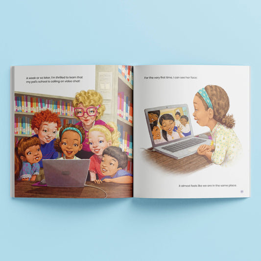 Illustrated book open to two pages showing children interacting with a laptop in a classroom setting.
