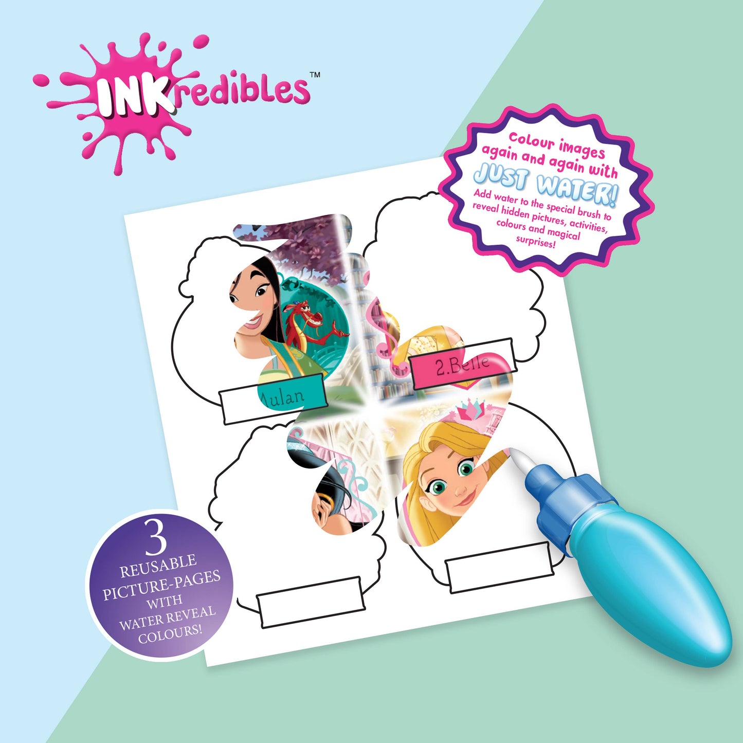 Inkredibles watercolor book with princess-themed pages and water pen on a light blue background