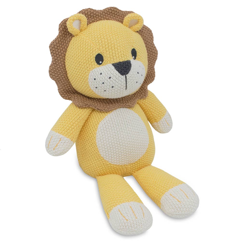 Knitted lion toy with a brown mane on a white background