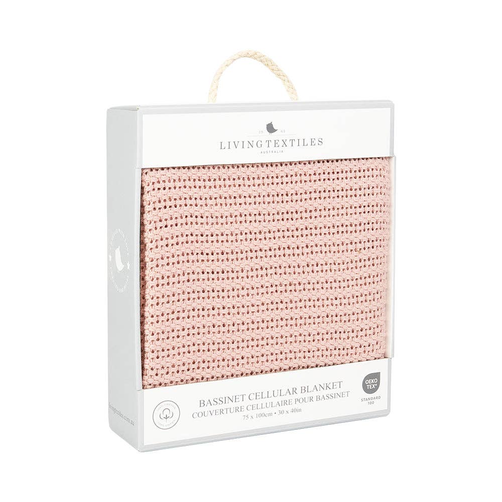 Living Textiles bassinet cellular blanket packaging with pink blanket inside