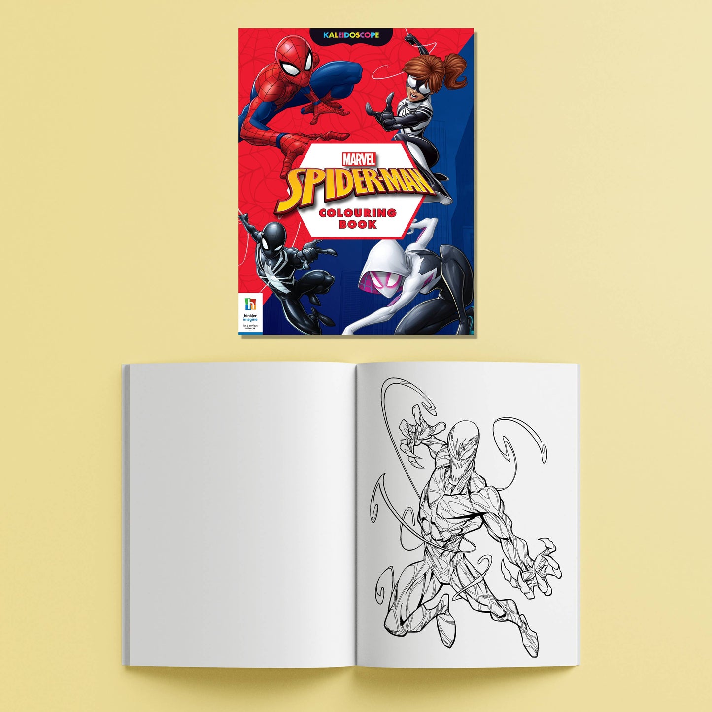 Marvel Spider-Man coloring book with open pages on a yellow background