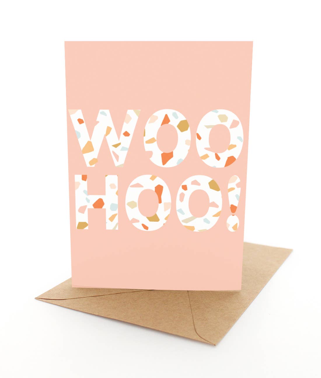 Greeting card with 'WOOHOO!' text on a pink background, featuring a brown envelope.