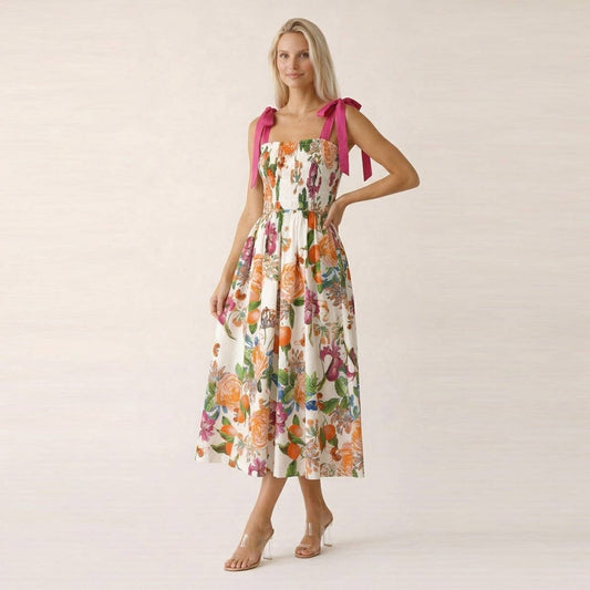 TANGERINE BLOOM Smocked Midi Dress