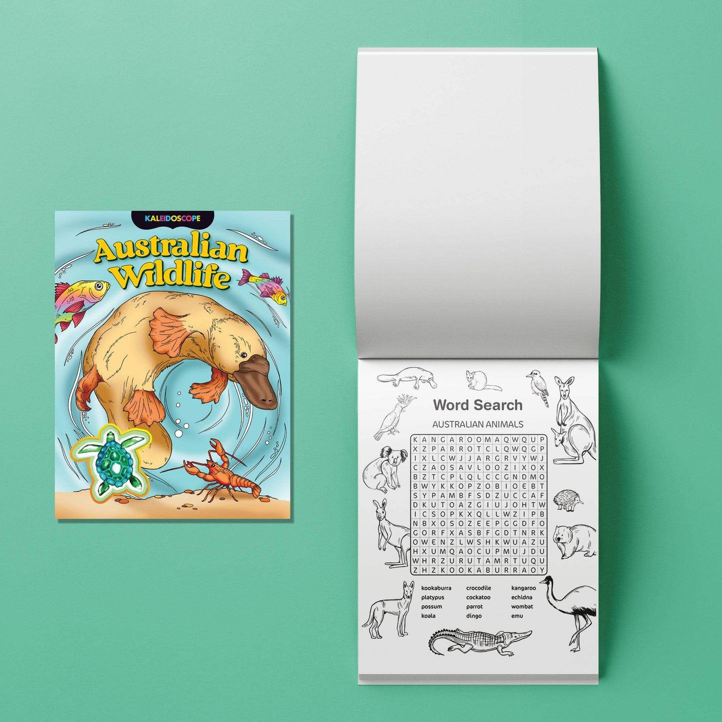 Children's activity book with Australian wildlife illustrations and a word search on a green background