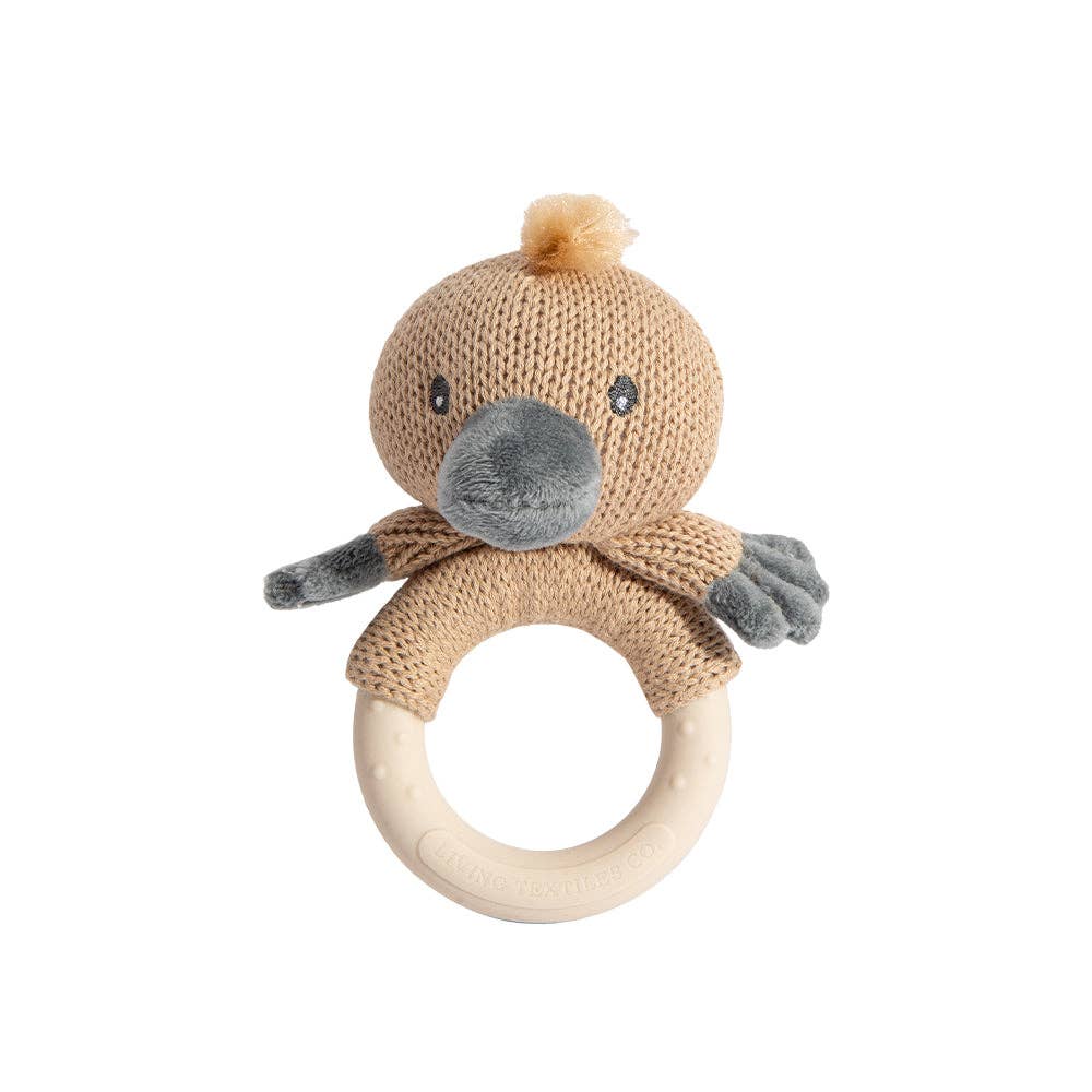 Knitted animal teething ring on a white background