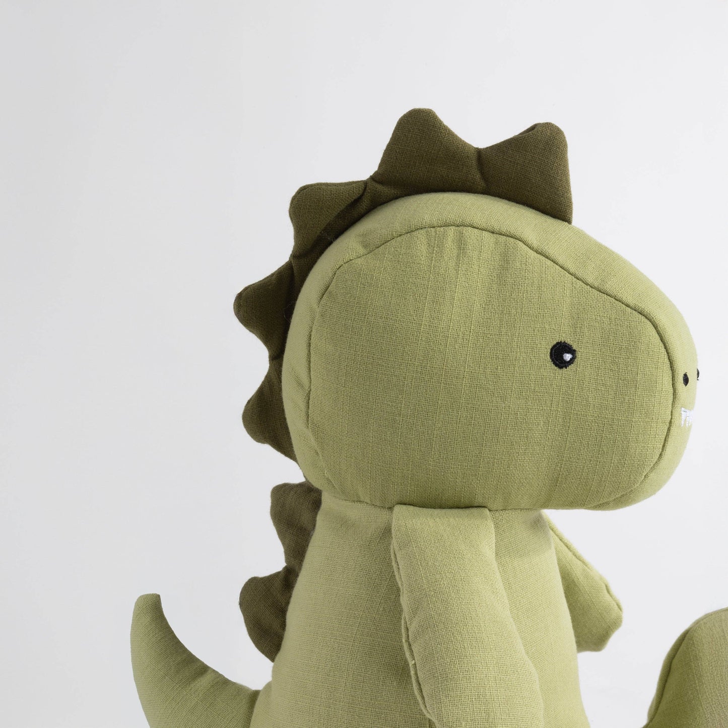 Green dinosaur plush toy on a white background