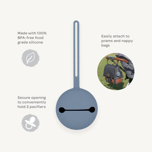 Silicone pacifier holder with features listed on a white background