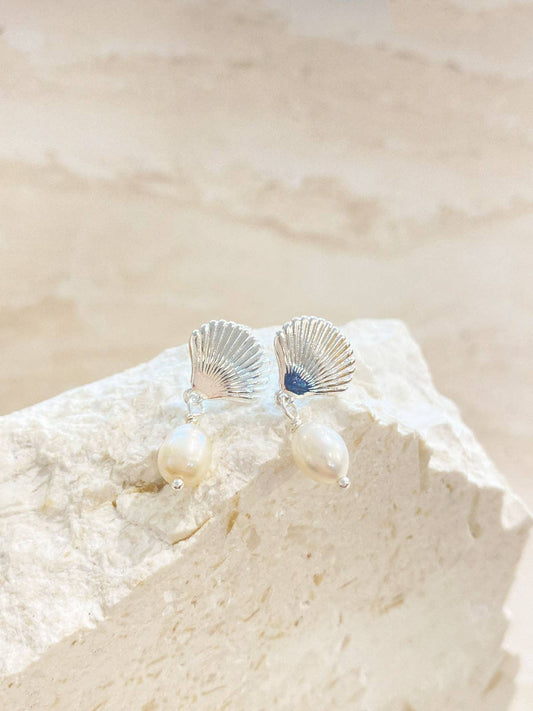 Silver shell earrings on a white shell with a beige sand background