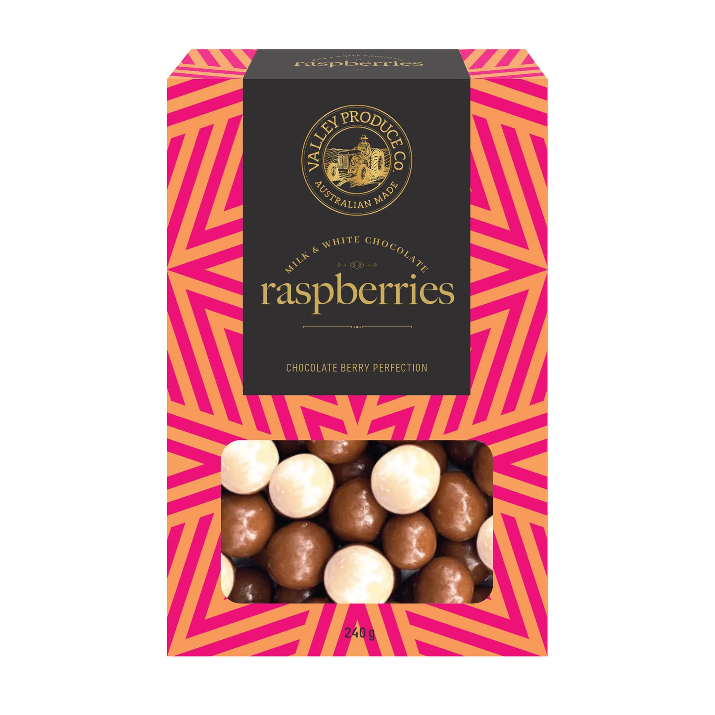 Milk and White Chocolate Raspberries 220g.