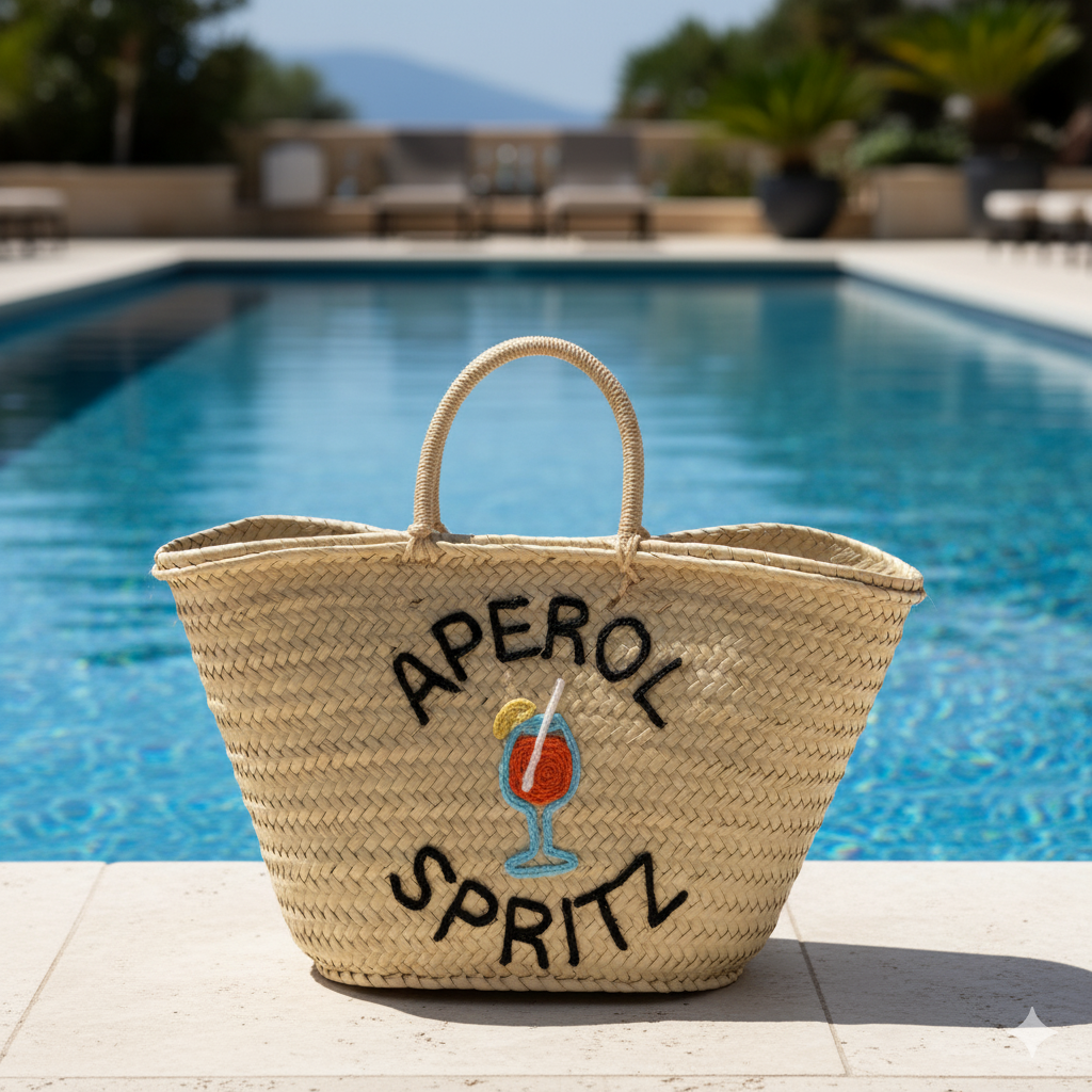 Woven bag with 'Aperol Spritz' design by a pool