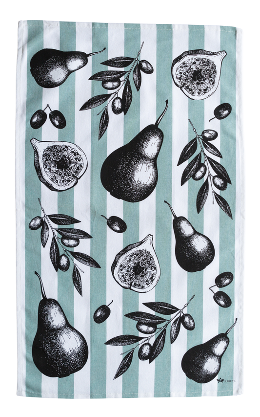 Tea towel with black illustrations of pears, figs, and olives on a striped background