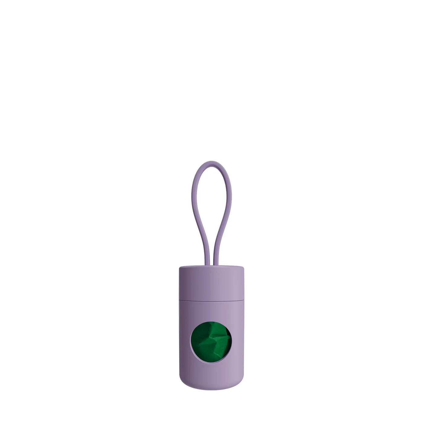 Purple container with a green button on a white background