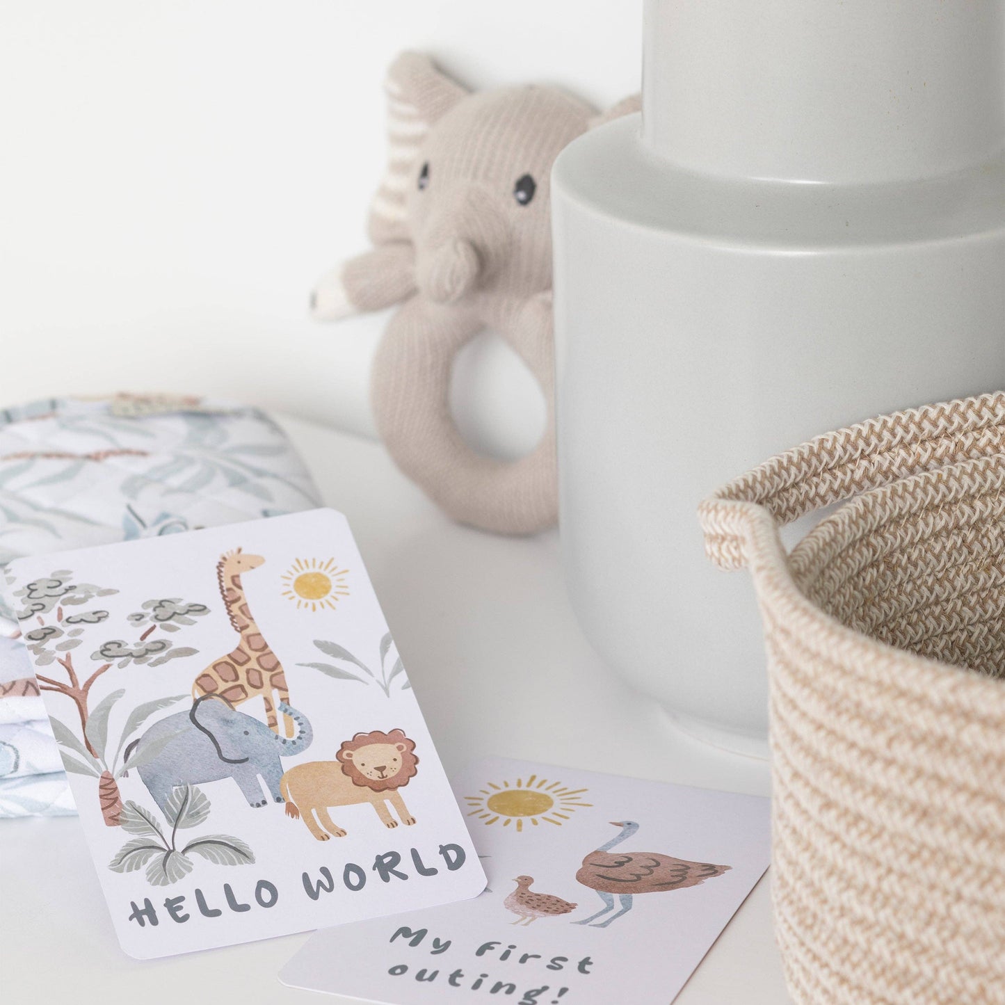 Children's book with animal illustrations on a white surface with a toy and basket in the background