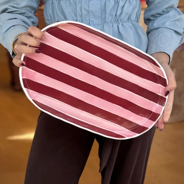 Oval Platter - Pink & Burgundy Stripes