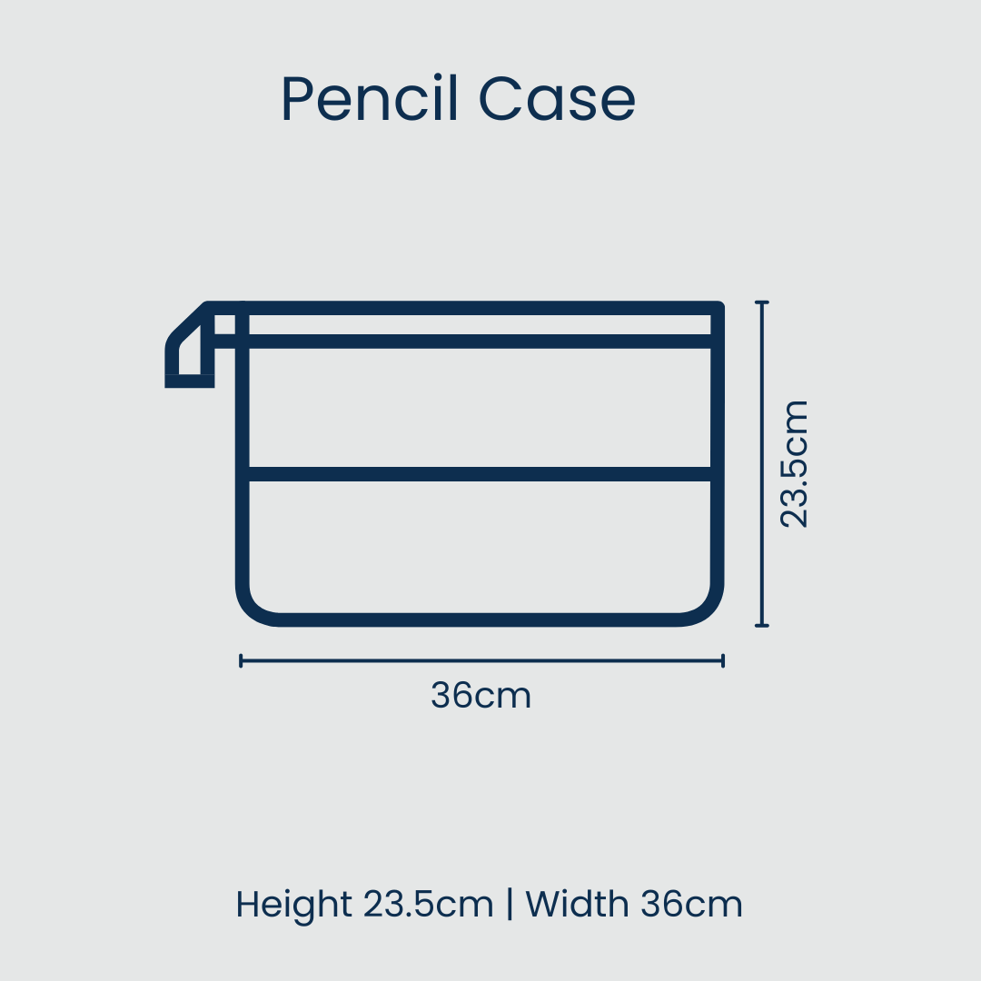 Diagram of a pencil case with dimensions on a light gray background