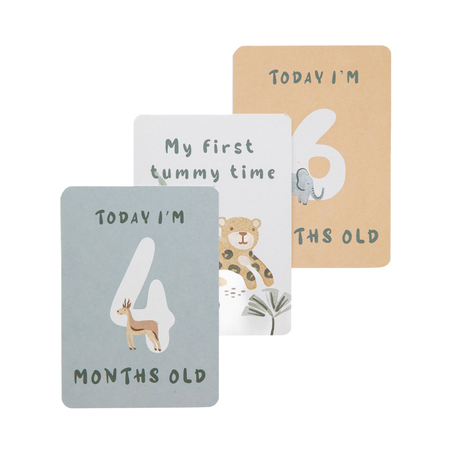 Set of milestone cards for a baby's first year with animal illustrations and text.