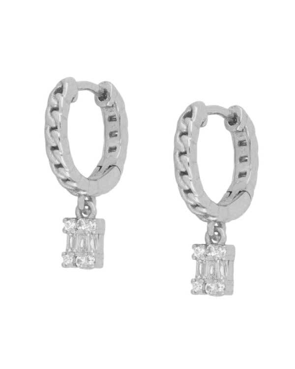 Silver hoop earrings with diamond pendants on a white background