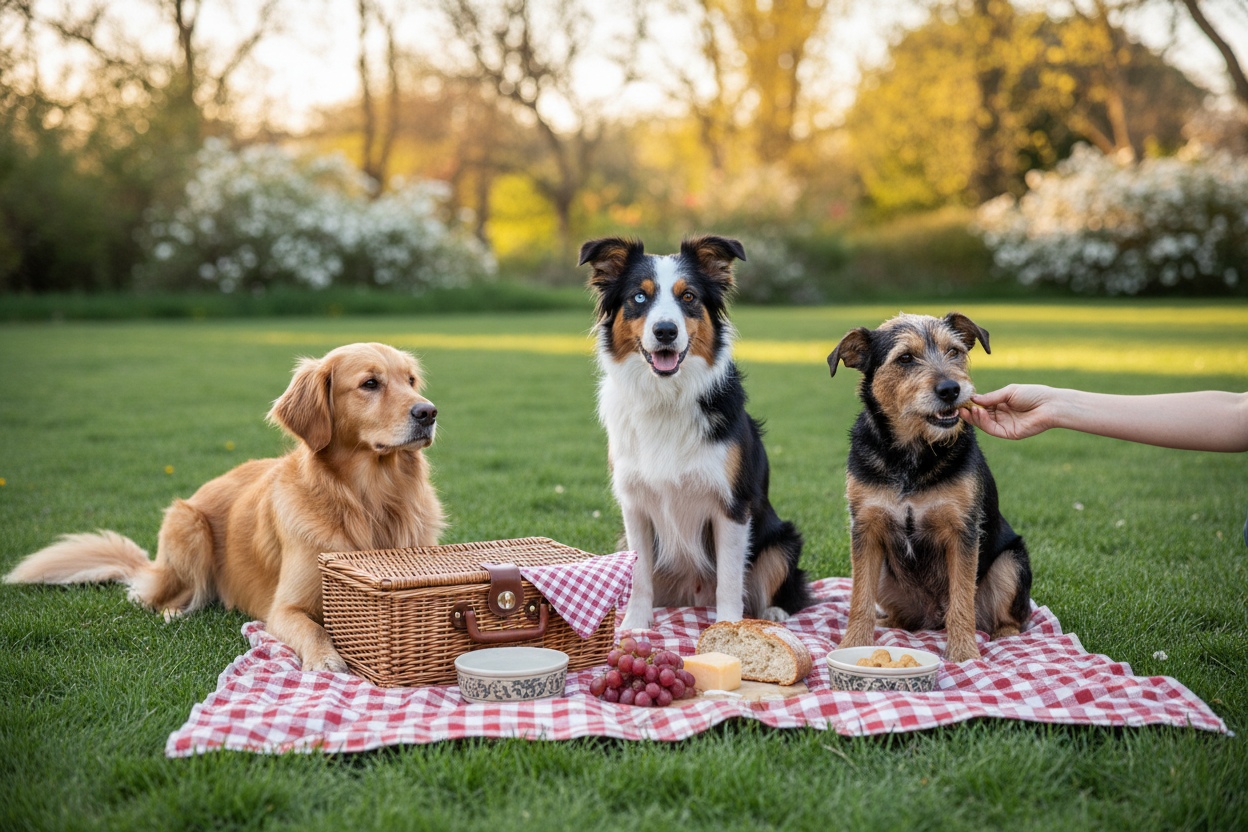 Three dogs sitting on the grass near a picnic