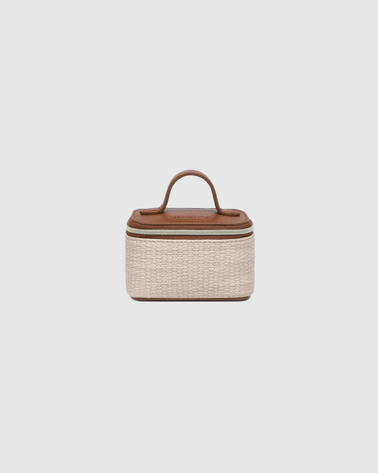 Small woven box with a brown lid on a light gray background