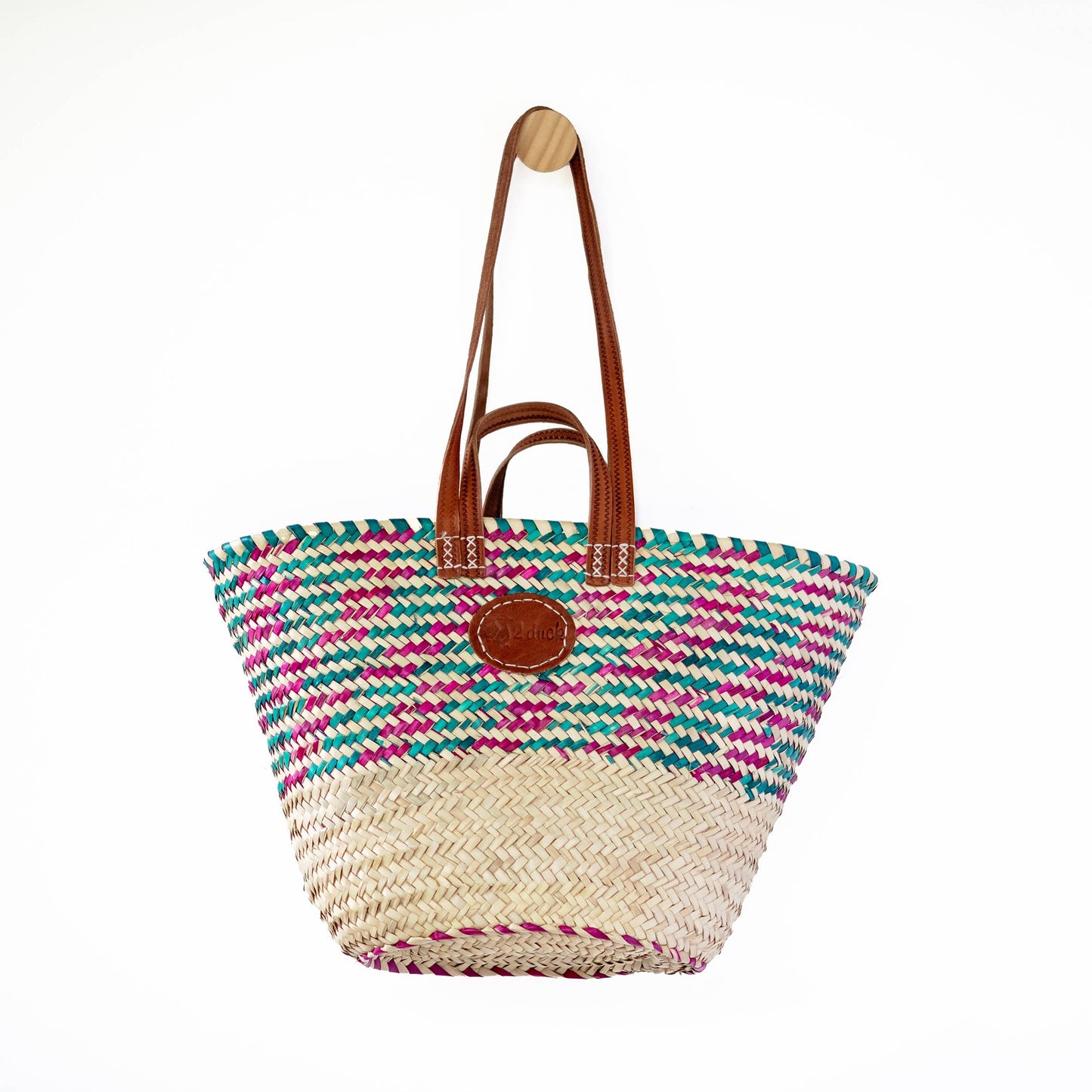Classic Market Basket With Green And Purple Weaving