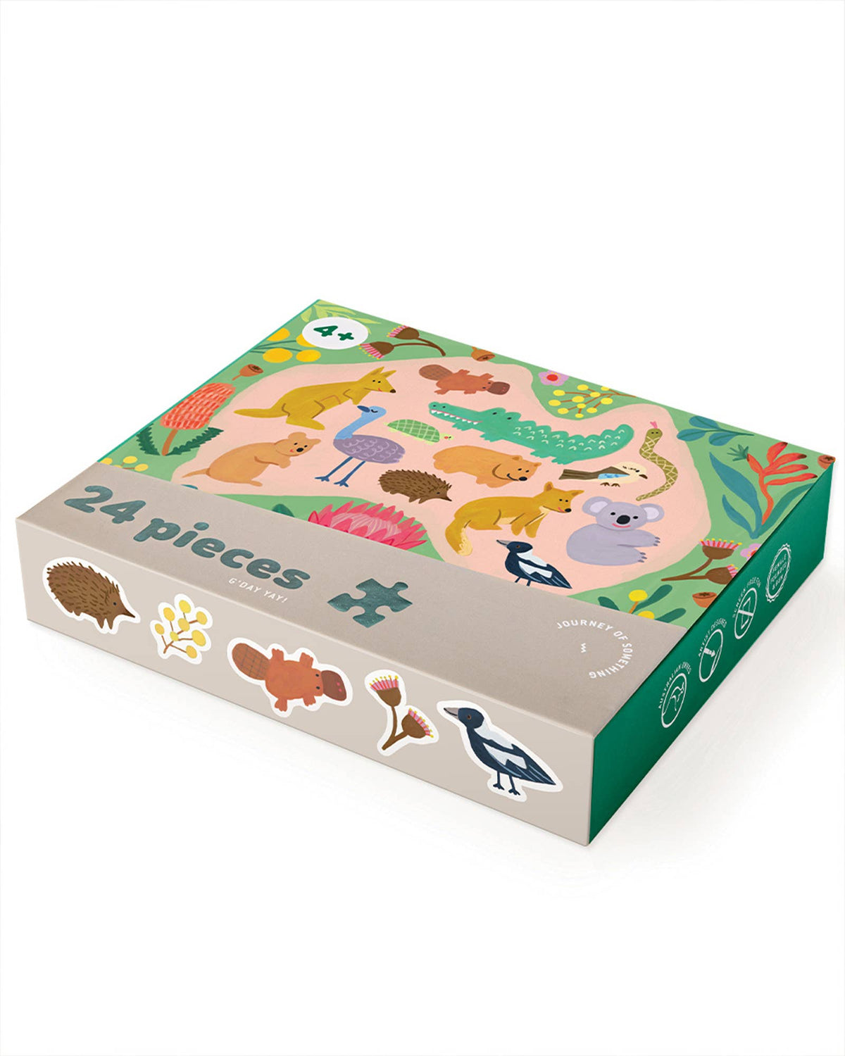 Children's puzzle box with animal illustrations on a white background