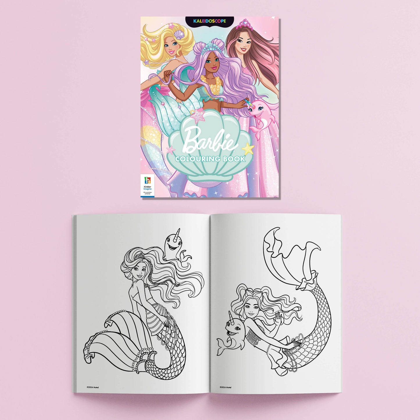 Barbie coloring book with open pages on a pink background