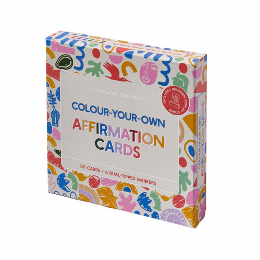 Box of Colour-your-own Affirmation Cards with colorful design on a white background