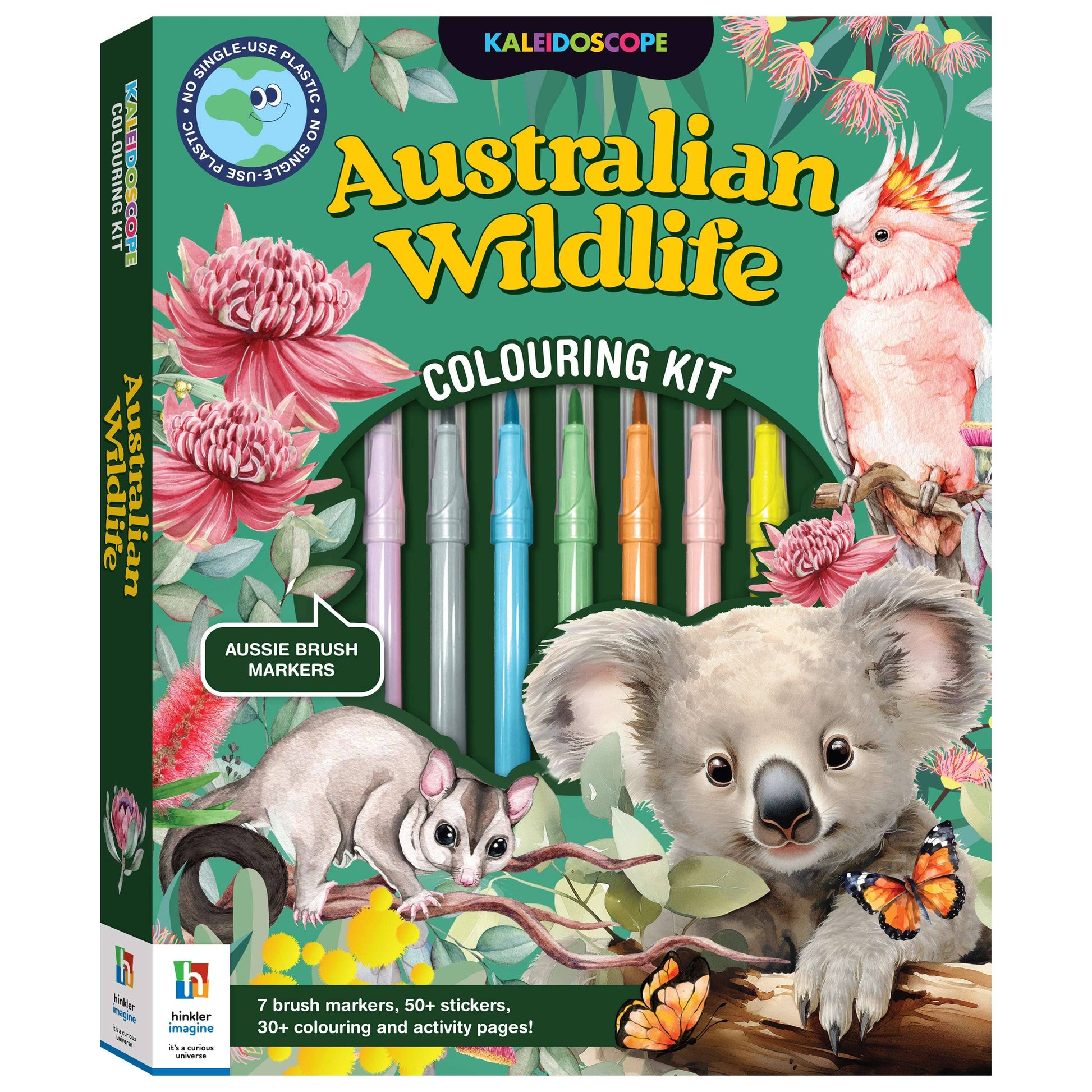 Australian Wildlife Colouring Kit packaging with markers, stickers, and illustrations of a koala, possum, and cockatoo.