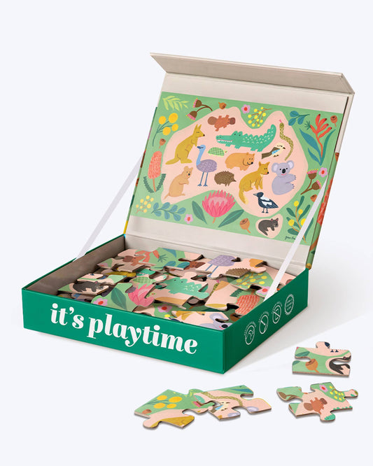 Children's puzzle with animal illustrations in a colorful box labeled 'it's playtime'.