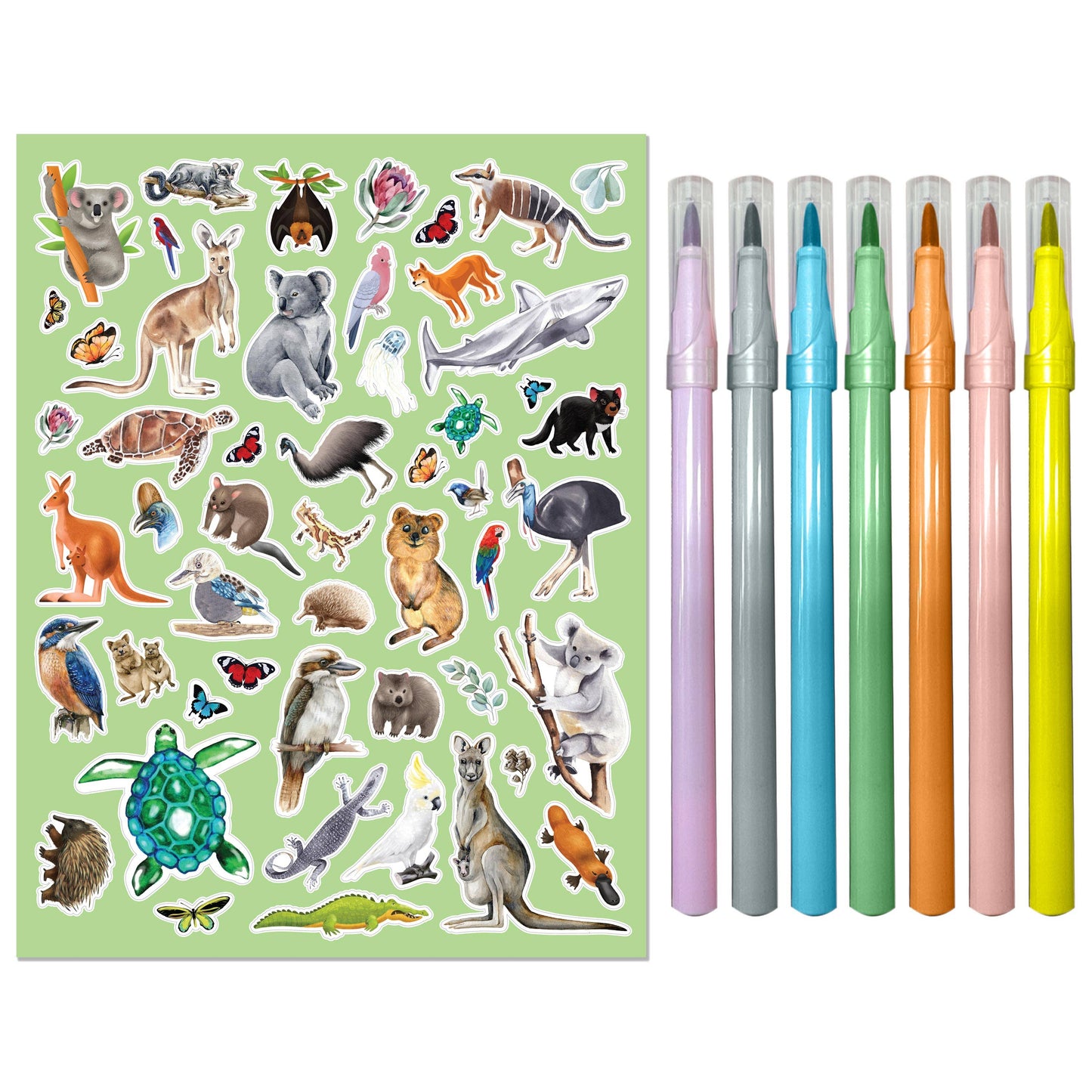 Set of animal stickers on a green background with colorful markers.