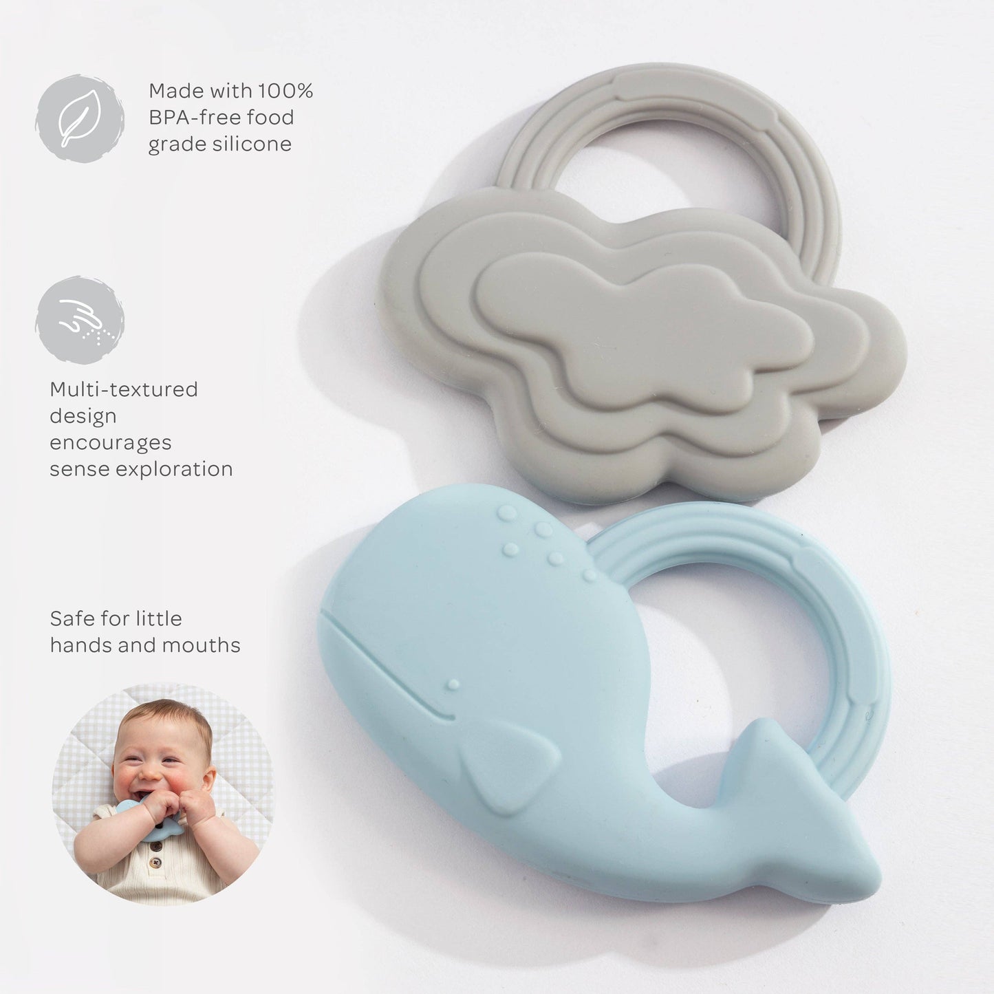 Silicone teething toy with cloud and whale design on a white background, featuring text about safety and texture.