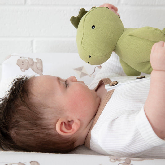 Baby lying on a white blanket with a green dinosaur toy above them