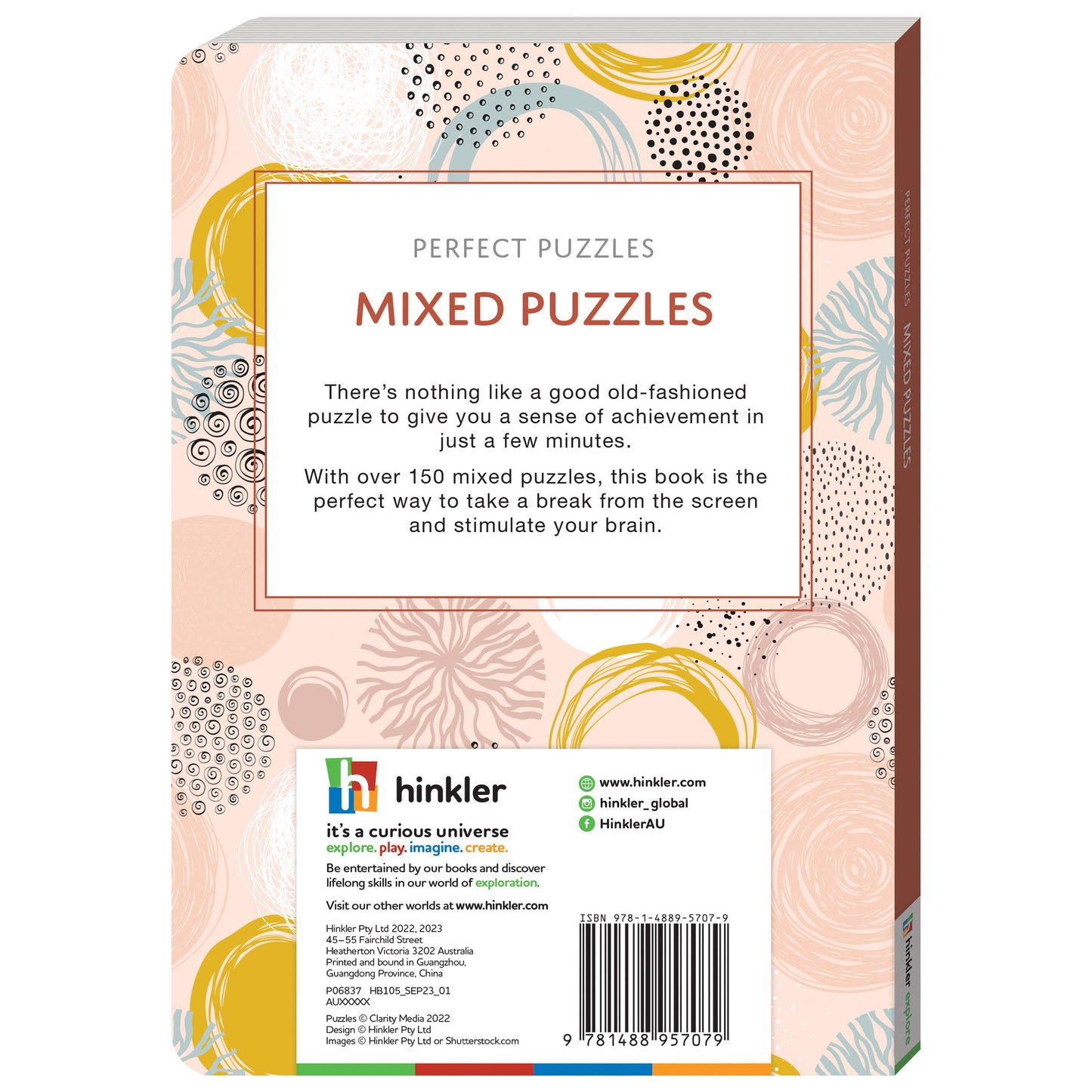 Back cover of a puzzle book by Hinkler with decorative patterns and text.