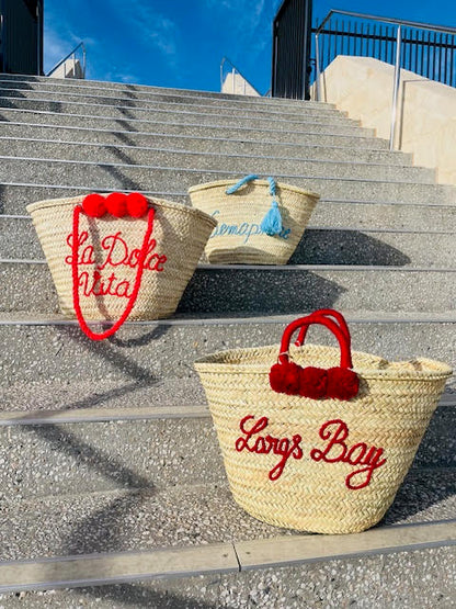 Straw Basket with Pompoms - Largs Bay