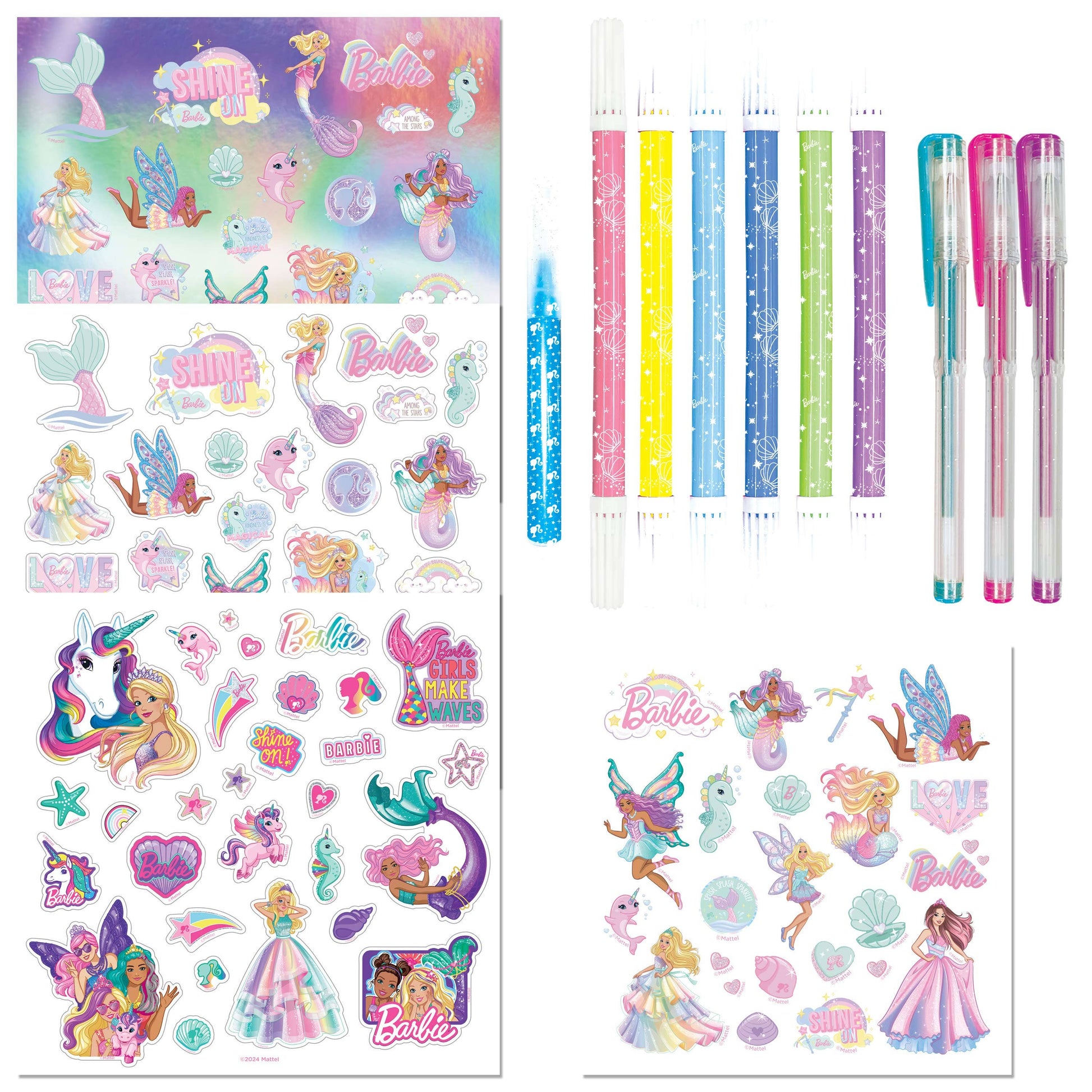 Barbie-themed stickers and stationery items including pens and rulers on a white background.