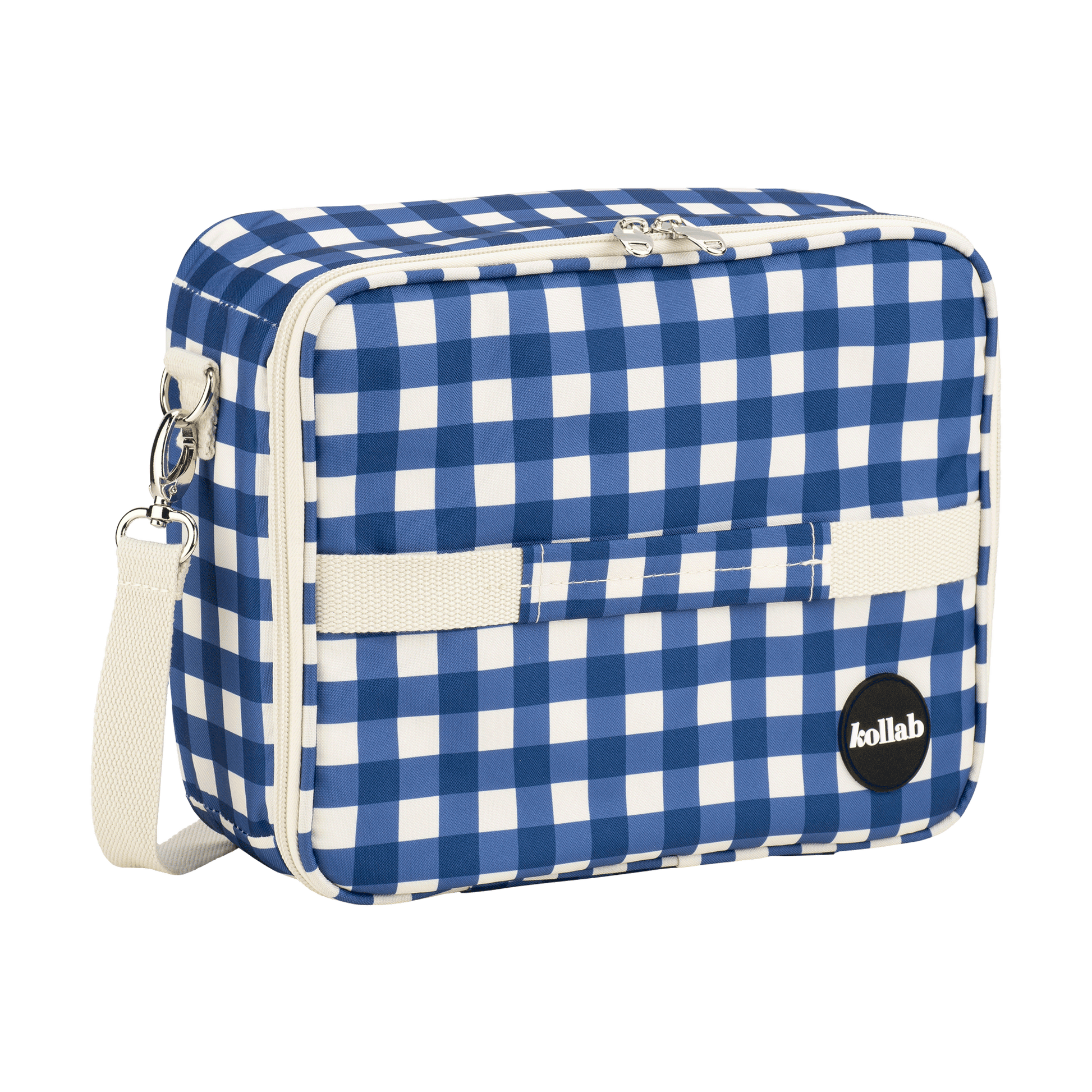 Blue and white checkered bag with a visible brand logo on a white background