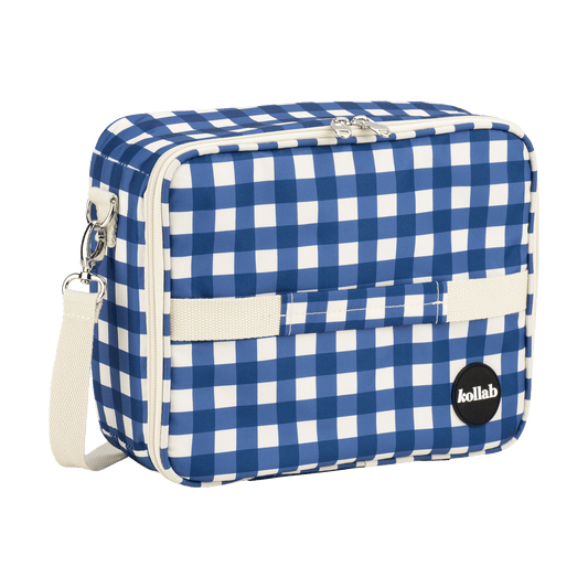 Blue and white checkered bag with a visible brand logo on a white background