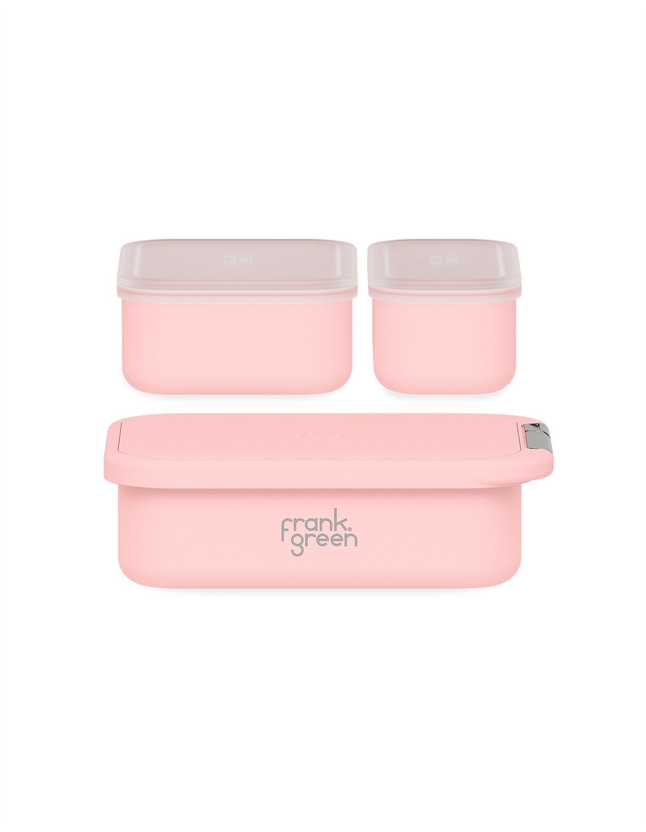Set of pink silicone food containers with 'frank green' branding on a white background