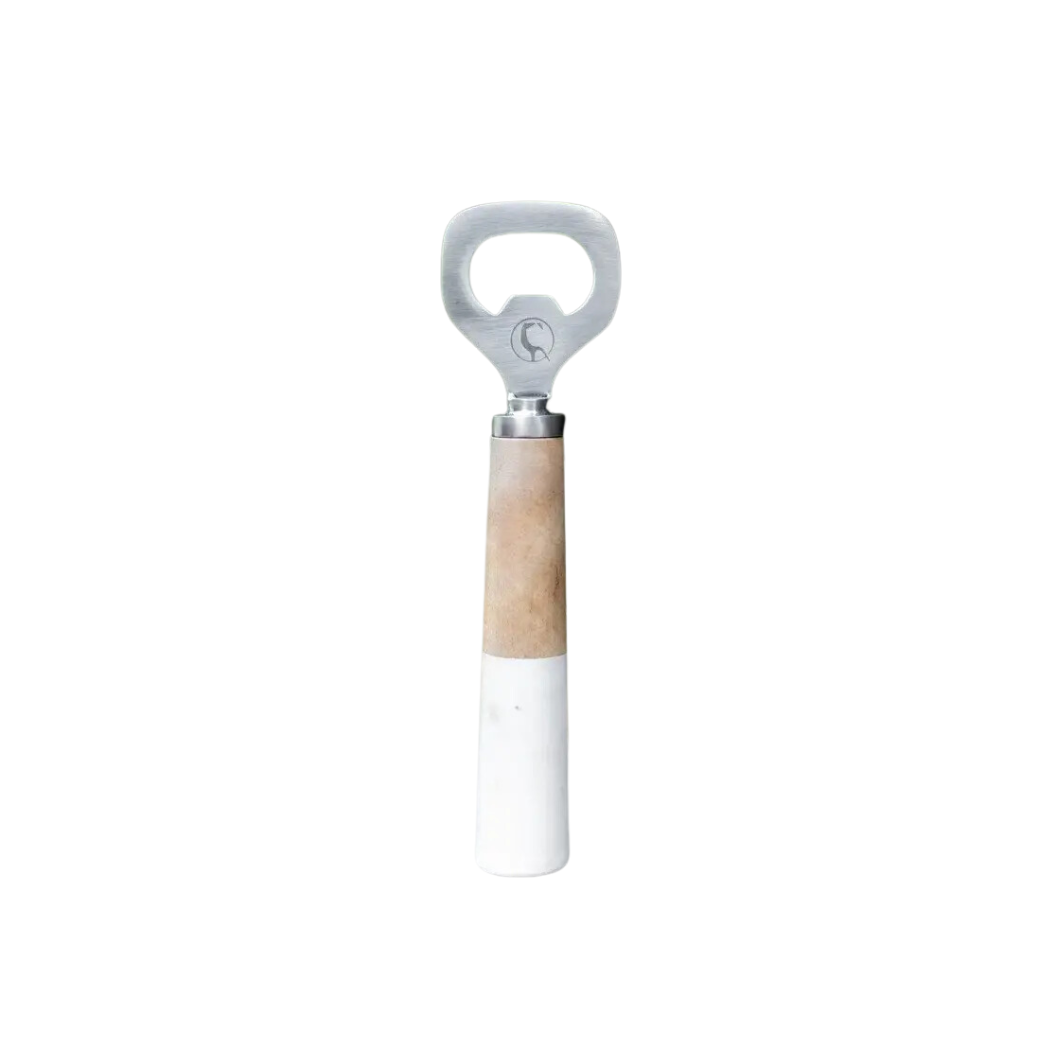Bottle opener with wooden and white handle on a white background
