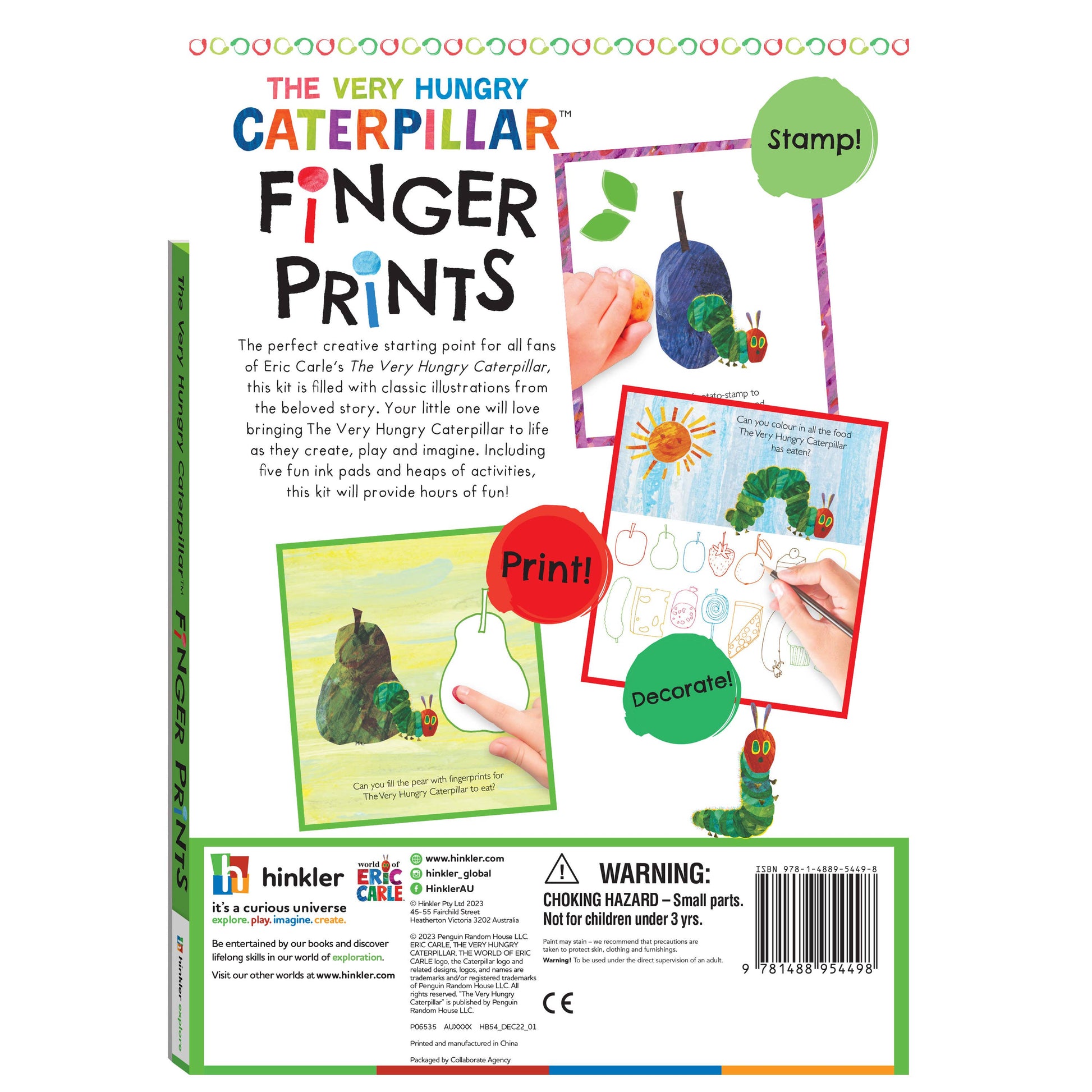 Box of 'The Very Hungry Caterpillar' finger prints activity set with colorful graphics and text.